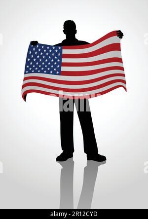 Silhouette illustration d'une figure masculine tenant le drapeau des États-Unis Illustration de Vecteur