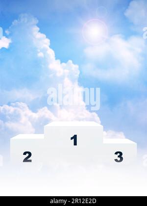 Podium blanc pour la première, la deuxième et la troisième place sur les nuages Banque D'Images