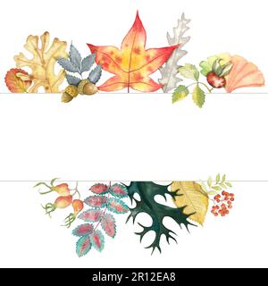 Carte de voeux aquarelle feuilles d'automne, cadre, bannière avec chêne, érable, rosehip, ashberry, rowan, sorb, frêne sauvage, corne, peuplier faux-tremble, orme, ginko Banque D'Images