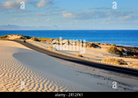 Route côtière FV1 traversant les dunes de sable du Parque Natural de Corralejo Corralejo la Oliva Fuerteventura Iles Canaries Espagne Banque D'Images