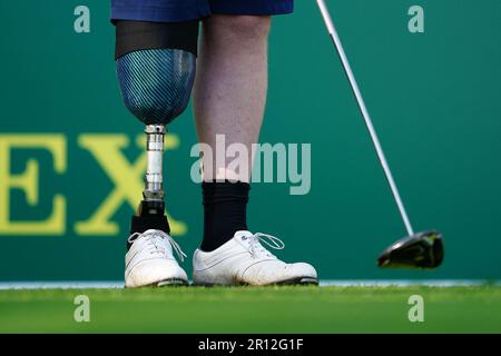 Une vue de la jambe prothétique d'Andrew Gardiner lorsqu'il se met en route le 1st au cours du deuxième jour de l'Open de G4D au Woburn Golf Club, Milton Keynes. Banque D'Images