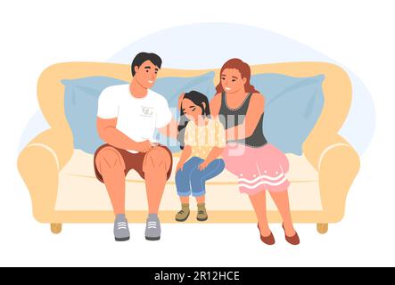 Père et mère réconfortant pleurant soins triste petite fille fille fille vecteur illustration. Parents soutenant malheureux enfant stressé assis à la maison sof Illustration de Vecteur