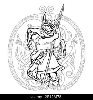 Design scandinave ancien. Guerrier viking dans un casque à oreilles et avec une lance Illustration de Vecteur