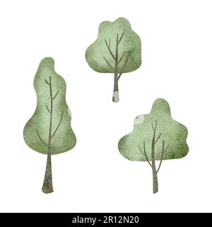 Ensemble de jolis arbres à feuilles caduques. Forêt féerique stylisée et lumineuse. Buissons, bouleau, peuplier, peuplier et peuplier faux-tremble à feuillage vert. Aquarelle dessinée à la main Banque D'Images