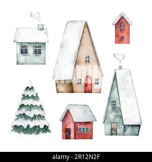Ensemble d'hiver de jolies maisons avec portes, fenêtres, cheminée, avec neige sur le toit et épicéa. Carte de Noël à motif aquarelle peint à la main Banque D'Images