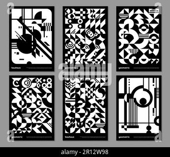 Affiches Bauhaus géométriques monochromes avec motifs abstraits, arrière-plans vectoriels en mosaïque moderne. Merde géométrique monochrome scandinave ou suisse Bauhaus Illustration de Vecteur