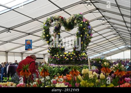 Malvern, Worcestershire, Royaume-Uni. 11th mai 2023. RHS Malvern Spring Festival. .Une immense couronne florale célébrant le couronnement récent du roi Charles est au cœur du chapiteau de cette année, lors du festival de printemps de RHS Malvern. L'exposition a été conçue et créée par Jonathan Moseley. Crédit Simon Maycock / Alamy Live News. Banque D'Images