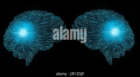 Concept d'intelligence artificielle (IA). Cerveau humain avec carte de circuit imprimé. Cerveau numérique en forme de lignes de connexion neuronales de circuit bleu et points lumineux Banque D'Images