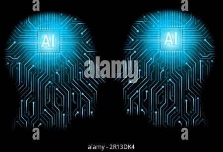 Puce de la tête humaine dans le cerveau et carte de circuits imprimés ligne bleue lueur intelligence artificielle concept Banque D'Images