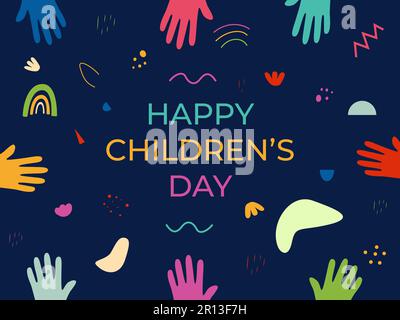 Carte de voeux pour la fête des enfants. Mains colorées. Bannière de la Journée mondiale des enfants. Dessin animé vectoriel. Illustration de Vecteur