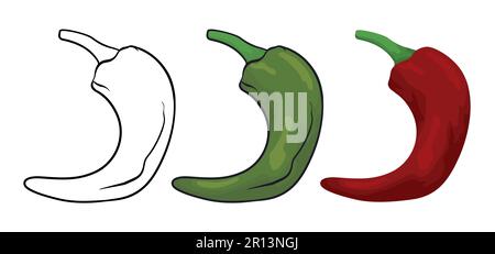 Trois piments de différentes variantes : d'abord dans les contours pour la coloration et les autres dans le style de dessin animé, l'un vert et l'autre dans la couleur rouge. Illustration de Vecteur
