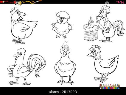 Dessin animé noir et blanc illustration des caractères animaux de ferme de poulet ensemble page de coloriage Illustration de Vecteur