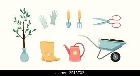 Ensemble d'illustrations vectorielles plates de jardin. Matériel et produits de jardinage, y compris outils, chaussures de jardin, brouettes et collecte de semis Illustration de Vecteur