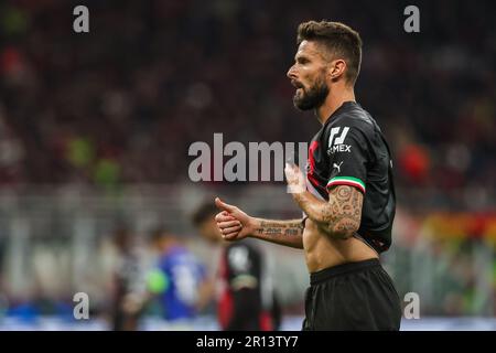 Milan, Italie. 10th mai 2023. Olivier Giroud de l'AC Milan gestes lors de la semi-finale 2022/23 de l'UEFA Champions League 1st match de football entre l'AC Milan et le FC Internazionale au stade San Siro. (Résultats finaux ; Milan 0 | 2 Inter). Crédit : SOPA Images Limited/Alamy Live News Banque D'Images