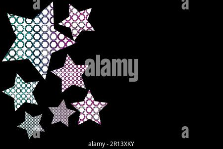 Multicolore abstrait brillant beau coloré étoiles de motley vives avec des motifs de diophragms sur un fond noir et lieu pour un texte simple. Vect Illustration de Vecteur