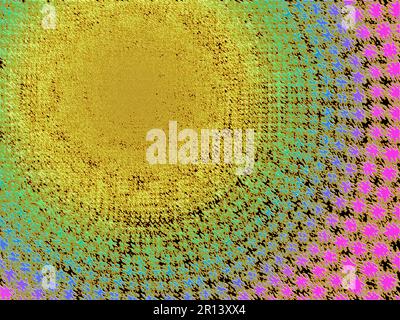 Motif abstrait représentant un cercle de couleur arc-en-ciel sur fond noir. Art numérique dessiné à la main Motifs de cercles et de points multicolores Banque D'Images