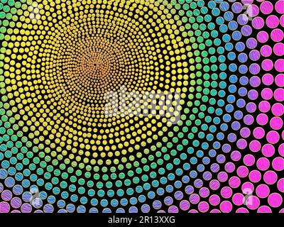 Motif abstrait représentant un cercle de couleur arc-en-ciel sur fond noir. Art numérique dessiné à la main Motifs de cercles et de points multicolores Banque D'Images