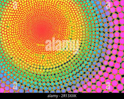 Motif abstrait représentant un cercle de couleur arc-en-ciel sur fond noir. Art numérique dessiné à la main Motifs de cercles et de points multicolores Banque D'Images