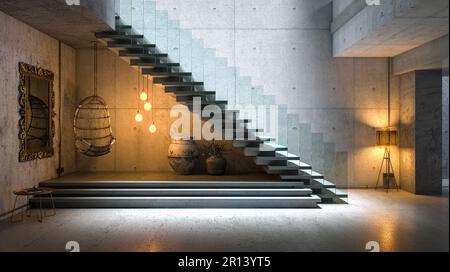 intérieur moderne en béton brutaliste 3d rendu Banque D'Images