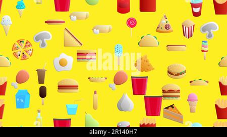 Un motif jaune sans fin composé de délicieux plats et d'en-cas icônes pour le café du bar du restaurant : restauration rapide, viande de cheat, hamburger, pizza, hot dog, sa Illustration de Vecteur