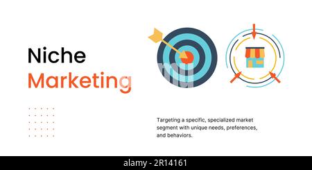 Bannière marketing de niche sur fond clair. Bannière marketing élégante avec texte noir et icônes colorées pour les entreprises et le marketing Illustration de Vecteur
