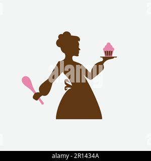 Femme chef tenant une cuillère et un cupcake. Logo artisan Bakery. Illustration de Vecteur