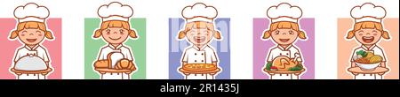 Smiling Girl Cute Kitchen Chef dessin animé chapeau tenant un plateau de divers plats de baguette, pain blanc, croissant, pizza, poulet rôti, nouilles chara Illustration de Vecteur