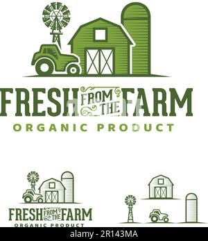 Ensemble de vecteurs d'icône de logo Agriculture Farm Fresh. Moulin, grange, tracteur et silo. Illustration de Vecteur