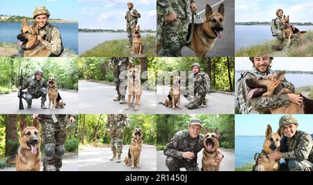 Collage avec photos de personnes avec chiens de service, conception de bannière Banque D'Images