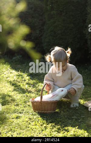 Jolie petite fille avec un adorable lapin dans un panier en osier à l'extérieur le jour ensoleillé Banque D'Images