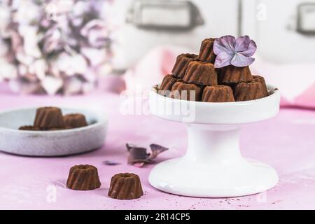 Pralines au chocolat sous forme de petits gâteaux Bundt, saupoudrés de cacao, sur fond rose clair, décorés de fleurs d'hortensia Banque D'Images