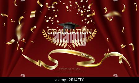 Bannière de cérémonie de remise des diplômes. Concept de récompense avec chapeau universitaire, ruban doré et texte sur fond de rideau rouge foncé Illustration de Vecteur