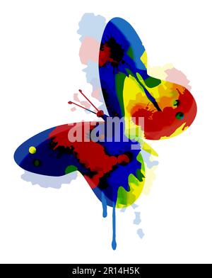 Papillon avec splacerrs. Illustration de la silhouette colorée du papillon. Imitation de peinture aquarelles. Isolé sur fond blanc. Banque D'Images