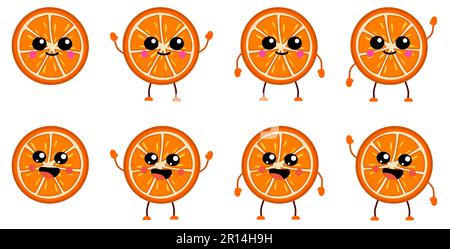 Icône en forme de tranches de fruits orange de style kawaii, grands yeux souriants. Version avec les mains levées, abaissés et en agitant Illustration de Vecteur