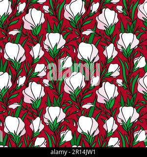 motif sans couture de grands boutons de fleurs blancs et roses sur fond rouge, texture florale brillante, design Banque D'Images