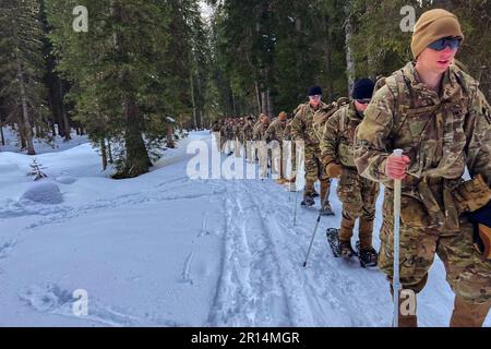 Skovde, Suède. 16th avril 2023. Parachutistes de l'armée avec Une Compagnie, 1st Bataillon, 503rd Régiment d'infanterie de parachutisme, 173rd Brigade aéroportée, marche vers un pic de montagne en raquettes lors d'un cours d'alpinisme au Centre d'excellence de la guerre de montagne de l'OTAN à Skovde, Suède, 16 avril 2023. Les parachutistes ont passé cinq jours à apprendre aux instructeurs slovènes comment se déplacer, survivre et se battre dans les conditions difficiles des Alpes slovènes. La Brigade aéroportée de 173rd est la Force d'intervention d'urgence de l'armée en Europe, capable de projeter des forces prêtes n'importe où aux États-Unis Europe, Afrique o Banque D'Images
