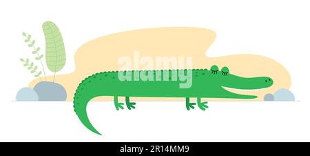 Joli dessin animé crocodile. Dessin de bébé africain animal sauvage alligator. Gentil sourire jungle safari croc. Imprimé graphique original à la main vectoriel eps Illustration de Vecteur