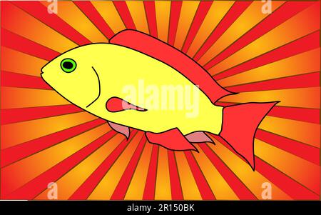 Aquarium d'or jaune de la mer de poissons de rivière sur un fond de rayons rouges abstraits. Illustration vectorielle. Illustration de Vecteur