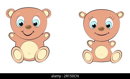 Deux mignon, beau, brun ours fille et garçon avec la grande tête et les yeux bleus sur fond blanc et l'espace de copie. Illustration vectorielle Illustration de Vecteur
