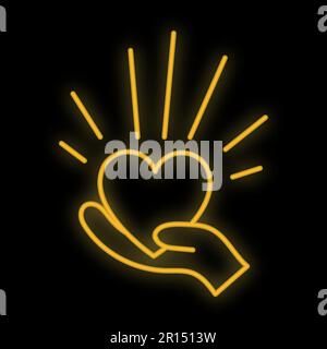 Lumineux jaune lumineux lumineux festif numérique néon pour magasin ou carte de voeux beau brillant avec des mains d'amour avec un coeur sur un fond noir. Vecteur Illustration de Vecteur
