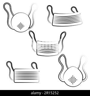 Un ensemble d'icônes noir et blanc de papier de gaze de protection médical masques jetables pour respirateurs de la souche dangereuse de virus Covid 019 coronavirus Illustration de Vecteur