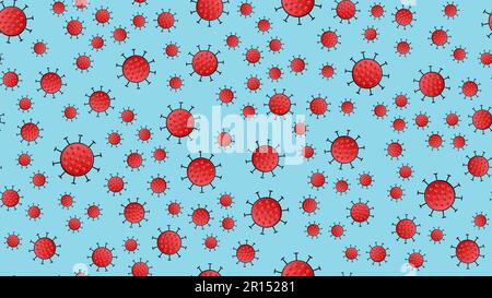 Schéma uniforme des virus rouges du virus de la bactérie coronavirus Coveid-19 pandémie texture infectieuse dangereuse sur fond bleu. Illustration de Vecteur