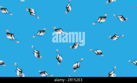 Modèle sans couture de rétro Old hipster consoles de jeux vidéo texture des 70s, 80s, 90s, 2000s sur un fond bleu. Illustration de Vecteur