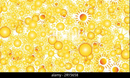 La texture du motif est sans couture d'une multitude de chaleureux lumineux gai varié beaux soleil chauds de ronde avec des rayons de différentes formes. Illustration de Vecteur
