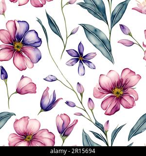 Décoration florale vintage avec fleurs aquarelle peint sur fond blanc sans couture motif Banque D'Images