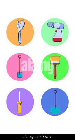 Un jeu de six icônes rondes pour l'actuel avec différents outils de construction pour réparer une brosse à fourche pour clé à tournevis sur un fond blanc. V Illustration de Vecteur