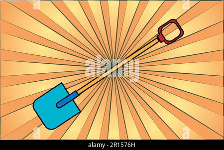Construction réparation jardin pelle à outils pour creuser la terre sur un fond de rayons jaunes abstraits. Illustration vectorielle. Illustration de Vecteur