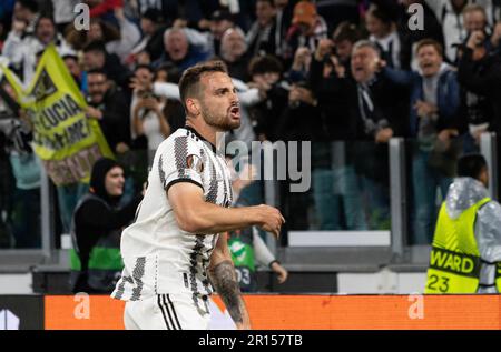 Turin, Italie. 11th mai 2023. Juventus Federico Gatti Célébrez pendant la demi-finale - Juventus FC vs Sevilla FC, football Europa League match à Turin, Italie, 11 mai 2023 Credit: Independent photo Agency/Alay Live News Banque D'Images