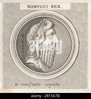 Romulus, fondateur légendaire et premier roi de Rome. Romulus Rex. Gravure sur plaque après une illustration de Joachim von Sandrat de son Academia Todesca, della Architectura, Scucultura & Pittura, oder Teutsche Academie, der Edlen Bau- Bild- und Mahlerey-Kunste, Académie allemande d’architecture, de sculpture et de peinture, Jacob von Sandrart, Nuremberg, 1675. Banque D'Images