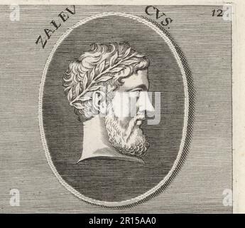 Zaleucus, législateur grec d'Epizephyrian Locris en Italie, 7th siècle avant J.-C. Conçu le code Locrian. Gravure sur plaque après une illustration de Joachim von Sandrat de son Academia Todesca, della Architectura, Scucultura & Pittura, oder Teutsche Academie, der Edlen Bau- Bild- und Mahlerey-Kunste, Académie allemande d’architecture, de sculpture et de peinture, Jacob von Sandrart, Nuremberg, 1675. Banque D'Images